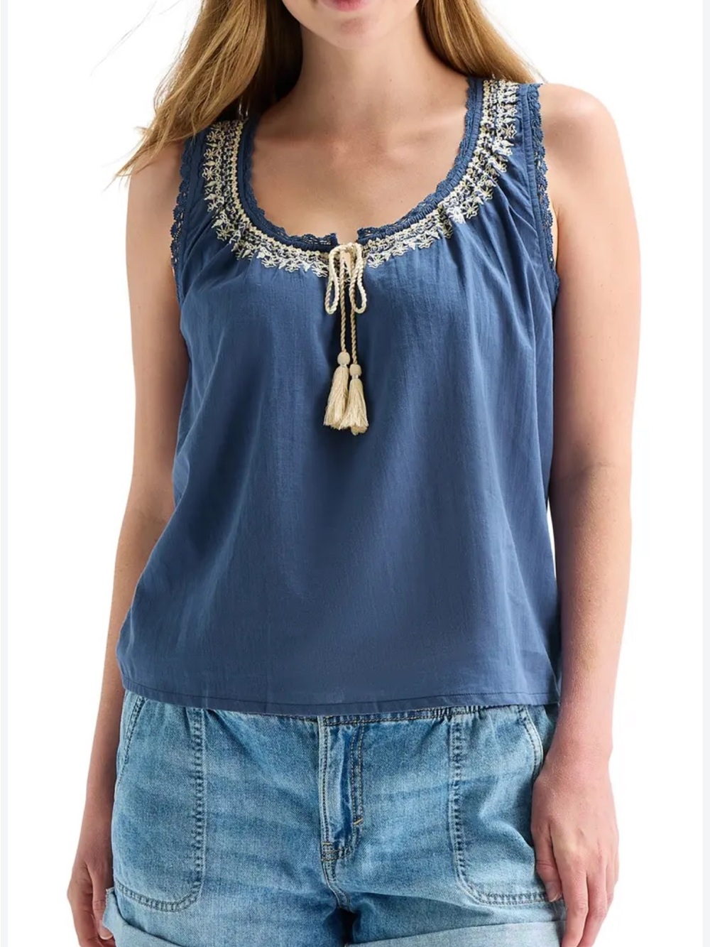 Lucky Brand Blue Sleeveless Embroidered Tassel Tie Top Sz small